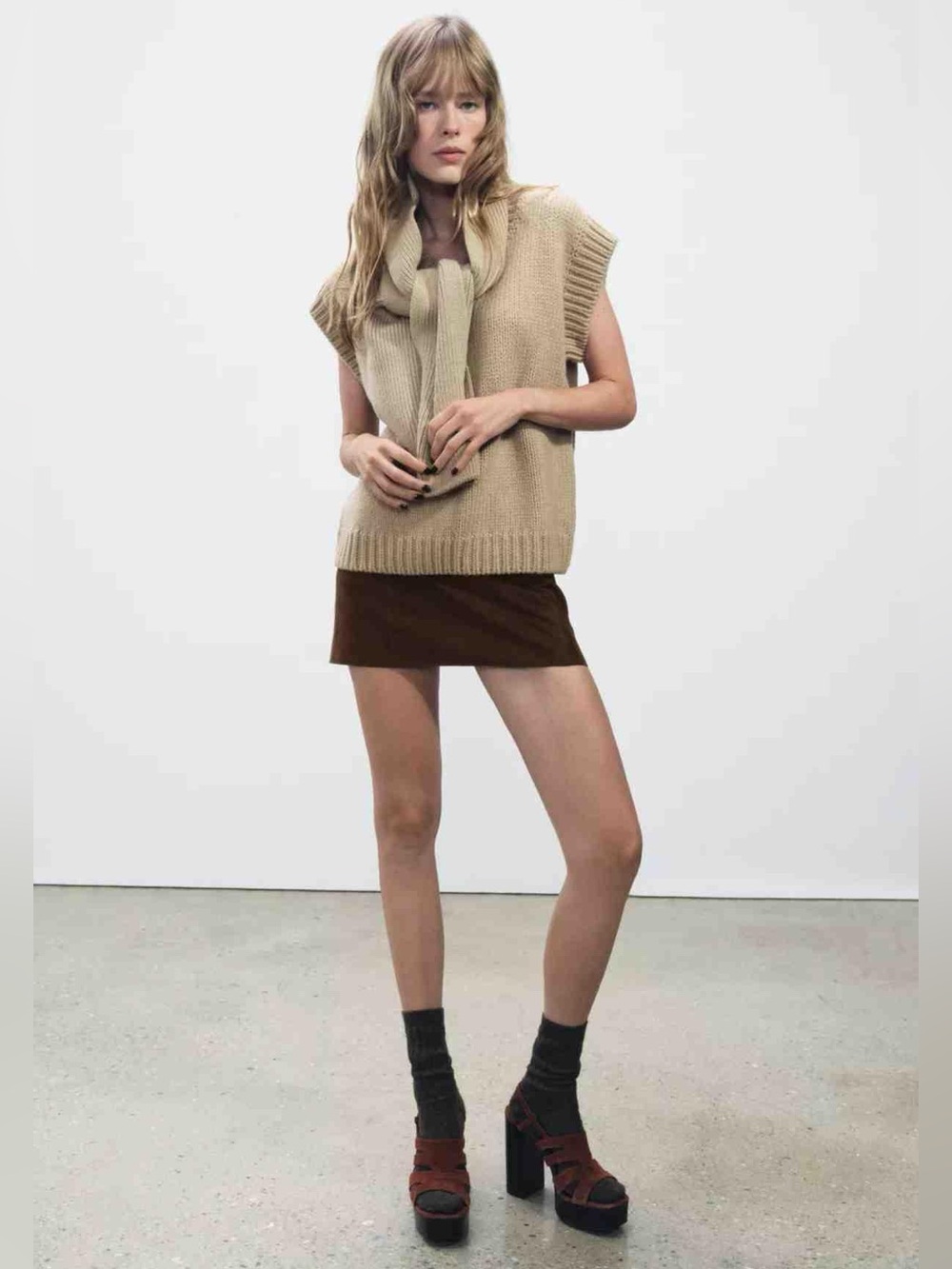 Zara Knit Sweater Vest Scarf Wool Blend Camel Tan Sleeveless Top Size Medium